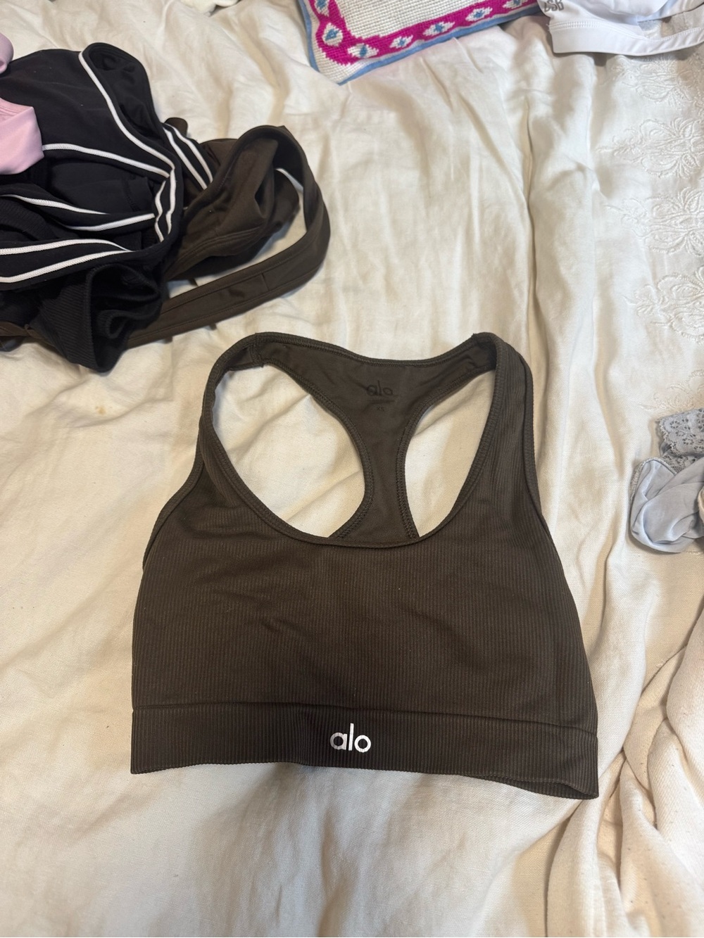 ALO Yoga Ribbed Racerback Sports Bra — Dark Olive/Brown